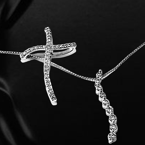 14K White Gold Convertible Cross Pendant with Natural Diamonds & Stud Earring